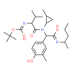 ChemSpider 2D Image | 2-Methyl-2-propanyl (1-{[1-(4-hydroxy-3-methylphenyl)-2-oxo-2-(2-pentanylamino)ethyl](2-methylcyclopropyl)amino}-3-methyl-1-oxo-2-butanyl)carbamate | C28H45N3O5