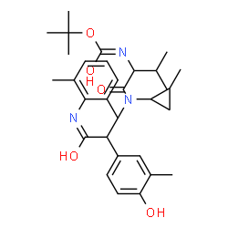 ChemSpider 2D Image | 2-Methyl-2-propanyl {1-[{2-[(2,6-dimethylphenyl)amino]-1-(4-hydroxy-3-methylphenyl)-2-oxoethyl}(2-methylcyclopropyl)amino]-3-methyl-1-oxo-2-butanyl}carbamate | C31H43N3O5