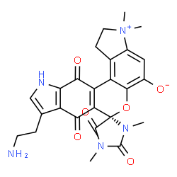 ChemSpider 2D Image | (4R)-9'-(2-Aminoethyl)-1,3,3',3'-tetramethyl-2,5,8',12'-tetraoxo-1',2',3',8',11',12'-hexahydrospiro[imidazolidine-4,7'-pyrrolo[3',2':5,6]chromeno[3,4-f]indol[3]ium]-5'-olate | C25H25N5O6