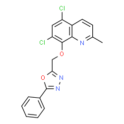 ChemSpider 2D Image | 5,7-Dichloro-2-methyl-8-[(5-phenyl-1,3,4-oxadiazol-2-yl)methoxy]quinoline | C19H13Cl2N3O2