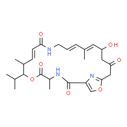 ChemSpider 2D Image | (9E,14E,16E)-18-Hydroxy-7-isopropyl-4,8,16-trimethyl-6,23-dioxa-3,12,25-triazabicyclo[20.2.1]pentacosa-1(24),9,14,16,22(25)-pentaene-2,5,11,20-tetrone | C26H35N3O7