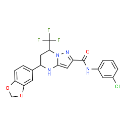 ChemSpider 2D Image | 5-(1,3-Benzodioxol-5-yl)-N-(3-chlorophenyl)-7-(trifluoromethyl)-4,5,6,7-tetrahydropyrazolo[1,5-a]pyrimidine-2-carboxamide | C21H16ClF3N4O3