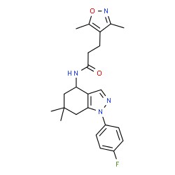 ChemSpider 2D Image | 3-(3,5-Dimethyl-1,2-oxazol-4-yl)-N-[1-(4-fluorophenyl)-6,6-dimethyl-4,5,6,7-tetrahydro-1H-indazol-4-yl]propanamide | C23H27FN4O2
