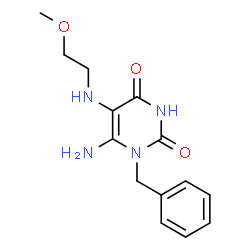 ChemSpider 2D Image | 6-Amino-1-benzyl-5-(2-methoxy-ethylamino)-1H-pyrimidine-2,4-dione | C14H18N4O3