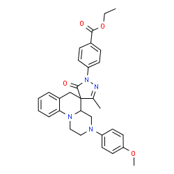 ChemSpider 2D Image | Ethyl 4-[3-(4-methoxyphenyl)-3'-methyl-5'-oxo-2,3,4,4a-tetrahydro-1H,6H-spiro[pyrazino[1,2-a]quinoline-5,4'-pyrazol]-1'(5'H)-yl]benzoate | C31H32N4O4