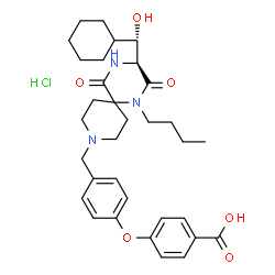 ChemSpider 2D Image | 4-[4-({(3S)-1-Butyl-3-[(S)-cyclohexyl(hydroxy)methyl]-2,5-dioxo-1,4,9-triazaspiro[5.5]undec-9-yl}methyl)phenoxy]benzoic acid hydrochloride (1:1) | C33H44ClN3O6