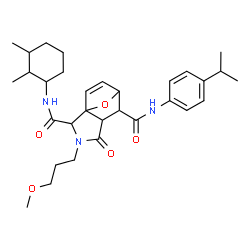 ChemSpider 2D Image | N~2~-(2,3-Dimethylcyclohexyl)-N~6~-(4-isopropylphenyl)-3-(3-methoxypropyl)-4-oxo-10-oxa-3-azatricyclo[5.2.1.0~1,5~]dec-8-ene-2,6-dicarboxamide | C31H43N3O5