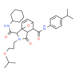 ChemSpider 2D Image | N~2~-Cyclohexyl-3-(3-isopropoxypropyl)-N~6~-(4-isopropylphenyl)-4-oxo-10-oxa-3-azatricyclo[5.2.1.0~1,5~]dec-8-ene-2,6-dicarboxamide | C31H43N3O5