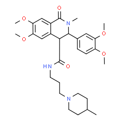 ChemSpider 2D Image | 3-(3,4-Dimethoxyphenyl)-6,7-dimethoxy-2-methyl-N-[3-(4-methyl-1-piperidinyl)propyl]-1-oxo-1,2,3,4-tetrahydro-4-isoquinolinecarboxamide | C30H41N3O6