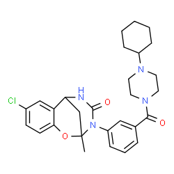 ChemSpider 2D Image | 4-Chloro-10-{3-[(4-cyclohexyl-1-piperazinyl)carbonyl]phenyl}-9-methyl-8-oxa-10,12-diazatricyclo[7.3.1.0~2,7~]trideca-2,4,6-trien-11-one | C28H33ClN4O3