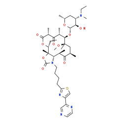 ChemSpider 2D Image | (3aS,4R,7R,9R,10R,11R,13R,15R,15aS)-4-Ethyl-11-methoxy-3a,7,9,11,13,15-hexamethyl-2,6,8,14-tetraoxo-1-{4-[4-(2-pyrazinyl)-1,3-thiazol-2-yl]butyl}tetradecahydro-2H-oxacyclotetradecino[4,3-d][1,3]oxazol
-10-yl 3,4,6-trideoxy-3-[ethyl(methyl)amino]-beta-D-xylo-hexopyranoside | C43H65N5O10S