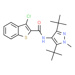 ChemSpider 2D Image | 3-chloro-N-[3,5-di(tert-butyl)-1-methyl-1H-pyrazol-4-yl]-1-benzothiophene-2-carboxamide | C21H26ClN3OS