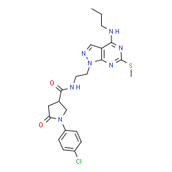 ChemSpider 2D Image | 1-(4-Chlorophenyl)-N-{2-[6-(methylsulfanyl)-4-(propylamino)-1H-pyrazolo[3,4-d]pyrimidin-1-yl]ethyl}-5-oxo-3-pyrrolidinecarboxamide | C22H26ClN7O2S