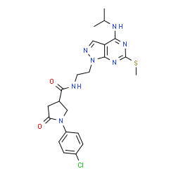 ChemSpider 2D Image | 1-(4-Chlorophenyl)-N-{2-[4-(isopropylamino)-6-(methylsulfanyl)-1H-pyrazolo[3,4-d]pyrimidin-1-yl]ethyl}-5-oxo-3-pyrrolidinecarboxamide | C22H26ClN7O2S