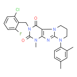 ChemSpider 2D Image | 3-(2-Chloro-6-fluorobenzyl)-9-(2,4-dimethylphenyl)-1-methyl-6,7,8,9-tetrahydropyrimido[2,1-f]purine-2,4(1H,3H)-dione | C24H23ClFN5O2