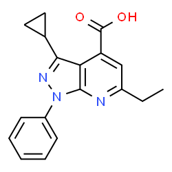 ChemSpider 2D Image | 3-cyclopropyl-6-ethyl-1-phenylpyrazolo[3,4-b]pyridine-4-carboxylic acid | C18H17N3O2