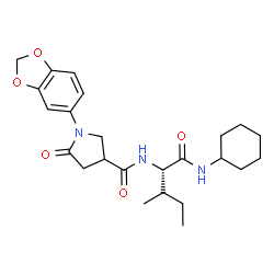 ChemSpider 2D Image | N~2~-{[1-(1,3-Benzodioxol-5-yl)-5-oxo-3-pyrrolidinyl]carbonyl}-N-cyclohexyl-L-alloisoleucinamide | C24H33N3O5
