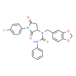ChemSpider 2D Image | 1-(1,3-Benzodioxol-5-ylmethyl)-1-[1-(4-fluorophenyl)-2,5-dioxo-3-pyrrolidinyl]-3-phenylthiourea | C25H20FN3O4S