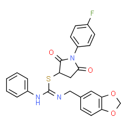 ChemSpider 2D Image | 1-(4-Fluorophenyl)-2,5-dioxo-3-pyrrolidinyl N'-(1,3-benzodioxol-5-ylmethyl)-N-phenylcarbamimidothioate | C25H20FN3O4S