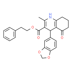 ChemSpider 2D Image | 2-Phenylethyl 4-(1,3-benzodioxol-5-yl)-2-methyl-5-oxo-1,4,5,6,7,8-hexahydro-3-quinolinecarboxylate | C26H25NO5