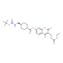 ChemSpider 2D Image | 3-(3-Ethoxy-3-oxopropyl)-4-methyl-2-oxo-2H-chromen-7-yl trans-4-[({[(2-methyl-2-propanyl)oxy]carbonyl}amino)methyl]cyclohexanecarboxylate | C28H37NO8