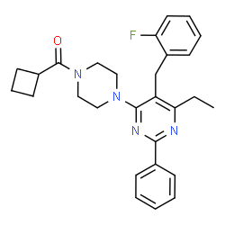 ChemSpider 2D Image | Cyclobutyl{4-[6-ethyl-5-(2-fluorobenzyl)-2-phenyl-4-pyrimidinyl]-1-piperazinyl}methanone | C28H31FN4O