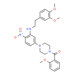 ChemSpider 2D Image | [4-(3-{[2-(3,4-Dimethoxyphenyl)ethyl]amino}-4-nitrophenyl)-1-piperazinyl](2-methoxyphenyl)methanone | C28H32N4O6