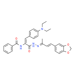 ChemSpider 2D Image | N-{(1E)-3-{(2E)-2-[(3E)-4-(1,3-Benzodioxol-5-yl)-3-buten-2-ylidene]hydrazino}-1-[4-(diethylamino)phenyl]-3-oxo-1-propen-2-yl}benzamide | C31H32N4O4