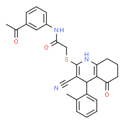 ChemSpider 2D Image | N-(3-Acetylphenyl)-2-{[3-cyano-4-(2-methylphenyl)-5-oxo-1,4,5,6,7,8-hexahydro-2-quinolinyl]sulfanyl}acetamide | C27H25N3O3S