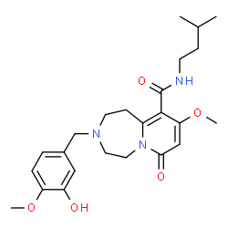 ChemSpider 2D Image | 3-(3-Hydroxy-4-methoxybenzyl)-9-methoxy-N-(3-methylbutyl)-7-oxo-1,2,3,4,5,7-hexahydropyrido[1,2-d][1,4]diazepine-10-carboxamide | C24H33N3O5