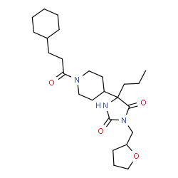 ChemSpider 2D Image | 5-[1-(3-Cyclohexylpropanoyl)-4-piperidinyl]-5-propyl-3-(tetrahydro-2-furanylmethyl)-2,4-imidazolidinedione | C25H41N3O4