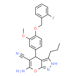 ChemSpider 2D Image | 6-Amino-4-{4-[(2-fluorobenzyl)oxy]-3-methoxyphenyl}-3-propyl-2,4-dihydropyrano[2,3-c]pyrazole-5-carbonitrile | C24H23FN4O3