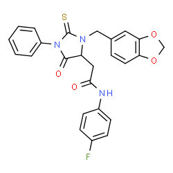 ChemSpider 2D Image | 2-[3-(1,3-Benzodioxol-5-ylmethyl)-5-oxo-1-phenyl-2-thioxo-4-imidazolidinyl]-N-(4-fluorophenyl)acetamide | C25H20FN3O4S