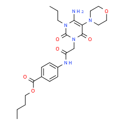 ChemSpider 2D Image | Butyl 4-({[4-amino-5-(4-morpholinyl)-2,6-dioxo-3-propyl-3,6-dihydro-1(2H)-pyrimidinyl]acetyl}amino)benzoate | C24H33N5O6