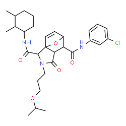 ChemSpider 2D Image | N~6~-(3-Chlorophenyl)-N~2~-(2,3-dimethylcyclohexyl)-3-(3-isopropoxypropyl)-4-oxo-10-oxa-3-azatricyclo[5.2.1.0~1,5~]dec-8-ene-2,6-dicarboxamide | C30H40ClN3O5
