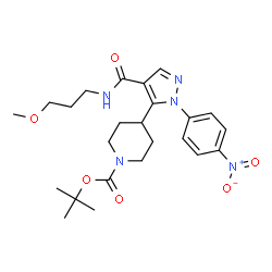 ChemSpider 2D Image | 2-Methyl-2-propanyl 4-{4-[(3-methoxypropyl)carbamoyl]-1-(4-nitrophenyl)-1H-pyrazol-5-yl}-1-piperidinecarboxylate | C24H33N5O6