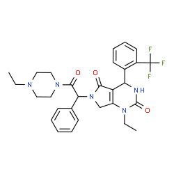 ChemSpider 2D Image | 1-Ethyl-6-[2-(4-ethyl-1-piperazinyl)-2-oxo-1-phenylethyl]-4-[2-(trifluoromethyl)phenyl]-3,4,6,7-tetrahydro-1H-pyrrolo[3,4-d]pyrimidine-2,5-dione | C29H32F3N5O3