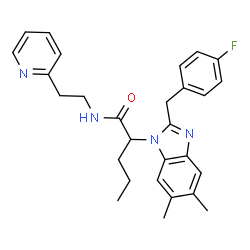 ChemSpider 2D Image | 2-[2-(4-Fluorobenzyl)-5,6-dimethyl-1H-benzimidazol-1-yl]-N-[2-(2-pyridinyl)ethyl]pentanamide | C28H31FN4O