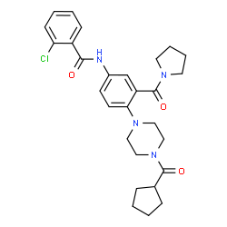 ChemSpider 2D Image | 2-Chloro-N-{4-[4-(cyclopentylcarbonyl)-1-piperazinyl]-3-(1-pyrrolidinylcarbonyl)phenyl}benzamide | C28H33ClN4O3