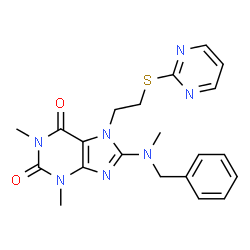 ChemSpider 2D Image | 1,3-dimethyl-8-[methyl-(phenylmethyl)amino]-7-[2-(2-pyrimidinylthio)ethyl]purine-2,6-dione | C21H23N7O2S