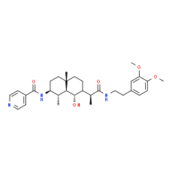 ChemSpider 2D Image | N-{(1S,2S,8S,8aS)-7-[(2S)-1-{[2-(3,4-Dimethoxyphenyl)ethyl]amino}-1-oxo-2-propanyl]-8-hydroxy-1,4a-dimethyldecahydro-2-naphthalenyl}isonicotinamide | C31H43N3O5