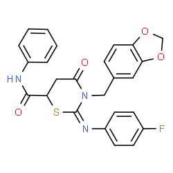ChemSpider 2D Image | (2E)-3-(1,3-Benzodioxol-5-ylmethyl)-2-[(4-fluorophenyl)imino]-4-oxo-N-phenyl-1,3-thiazinane-6-carboxamide | C25H20FN3O4S
