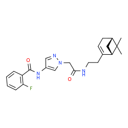 ChemSpider 2D Image | N-{1-[2-({2-[(1R,5S)-6,6-Dimethylbicyclo[3.1.1]hept-2-en-2-yl]ethyl}amino)-2-oxoethyl]-1H-pyrazol-4-yl}-2-fluorobenzamide | C23H27FN4O2