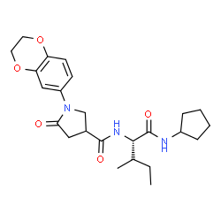 ChemSpider 2D Image | N-Cyclopentyl-N~2~-{[1-(2,3-dihydro-1,4-benzodioxin-6-yl)-5-oxo-3-pyrrolidinyl]carbonyl}-L-alloisoleucinamide | C24H33N3O5