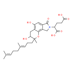 ChemSpider 2D Image | 2-{2-[(3E)-4,8-Dimethyl-3,7-nonadien-1-yl]-3,5-dihydroxy-2-methyl-7-oxo-3,4,7,9-tetrahydropyrano[2,3-e]isoindol-8(2H)-yl}pentanedioic acid | C28H37NO8