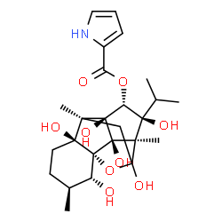 ChemSpider 2D Image | (1R,2R,3S,6S,7S,10R,11S,12R,13S,14R)-2,6,9,11,13,14-Hexahydroxy-11-isopropyl-3,7,10-trimethyl-15-oxapentacyclo[7.5.1.0~1,6~.0~7,13~.0~10,14~]pentadec-12-yl 1H-pyrrole-2-carboxylate | C25H35NO9