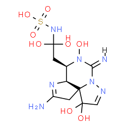 ChemSpider 2D Image | {2-[(8Z,10R,10aS)-2-Amino-4,4,9-trihydroxy-8-imino-8,9,10,10a-tetrahydro-3H,4H-pyrazolo[1,5-c]pyrrolo[3,2-d]pyrimidin-10-yl]-1,1-dihydroxyethyl}sulfamic acid | C10H17N7O8S