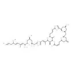 ChemSpider 2D Image | (1R,6E,9S,11S,12R,13R,16Z,19R,23R,25S,27S,31R)-11-{(1E)-1-[2-({(2R,4R,6S)-6-[(1S,2E,4E,8E)-9-Bromo-1-hydroxy-6-methoxy-3-methyl-2,4,8-nonatrien-1-yl]-2-hydroxy-4-methoxytetrahydro-2H-pyran-2-yl}methyl
)-1,3-oxazol-4-yl]-1-propen-2-yl}-27-hydroxy-12,31-dimethyl-21-methylene-4,10,14,29,30-pentaoxa-32-azapentacyclo[23.3.1.1~2,5~.1~9,13~.1~19,23~]dotriaconta-2,5(32),6,16-tetraen-15-one | C53H71BrN2O13