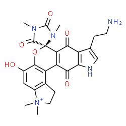 ChemSpider 2D Image | (4S)-9'-(2-Aminoethyl)-5'-hydroxy-1,3,3',3'-tetramethyl-2,5,8',12'-tetraoxo-1',2',3',8',11',12'-hexahydrospiro[imidazolidine-4,7'-pyrrolo[3',2':5,6]chromeno[3,4-f]indol[3]ium] | C25H26N5O6