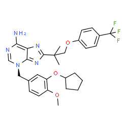 ChemSpider 2D Image | 3-[3-(Cyclopentyloxy)-4-methoxybenzyl]-8-{2-methyl-1-[4-(trifluoromethyl)phenoxy]-2-propanyl}-3H-purin-6-amine | C29H32F3N5O3